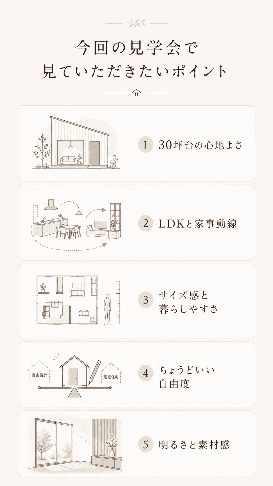 Q-et完成見学会で見ていただきたい30坪台の心地よさ、LDKと家事動線、サイズ感、自由度、明るさと素材感の5つのポイント