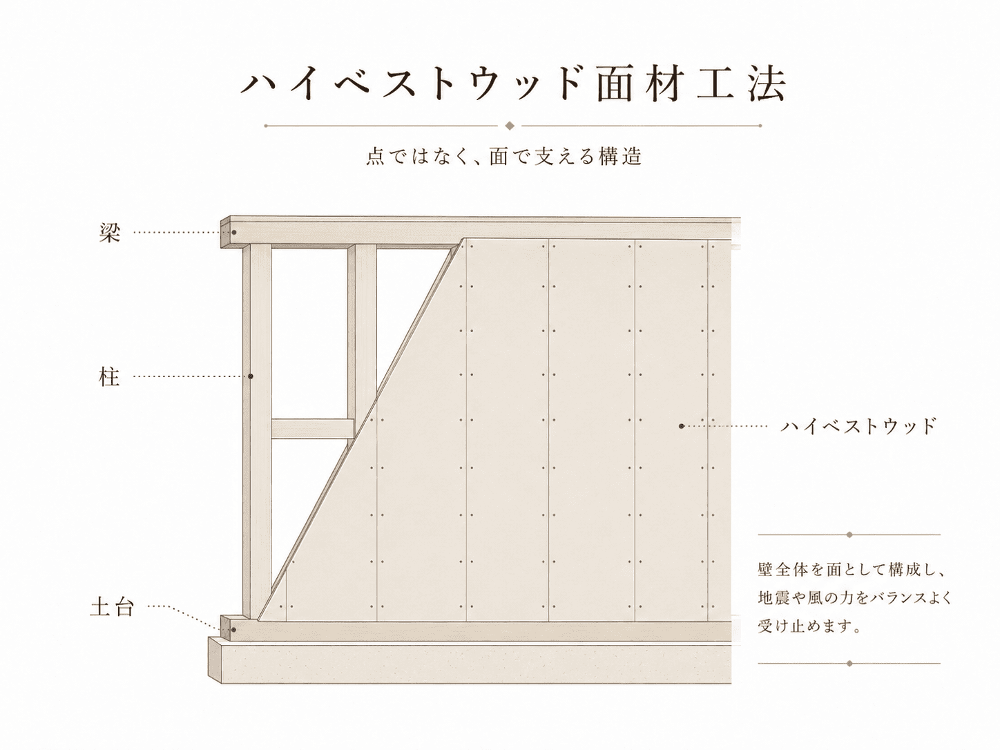 ハイベストウッド面材工法で面として支える構造を示した線画
