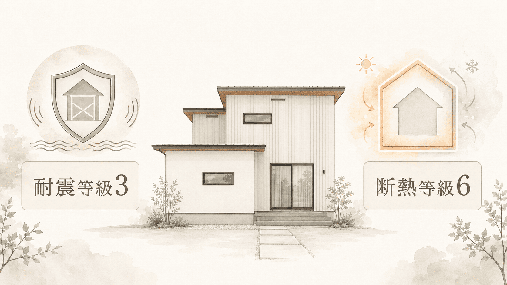 丸和ホームの標準性能である耐震等級3と断熱等級6を表すイラスト