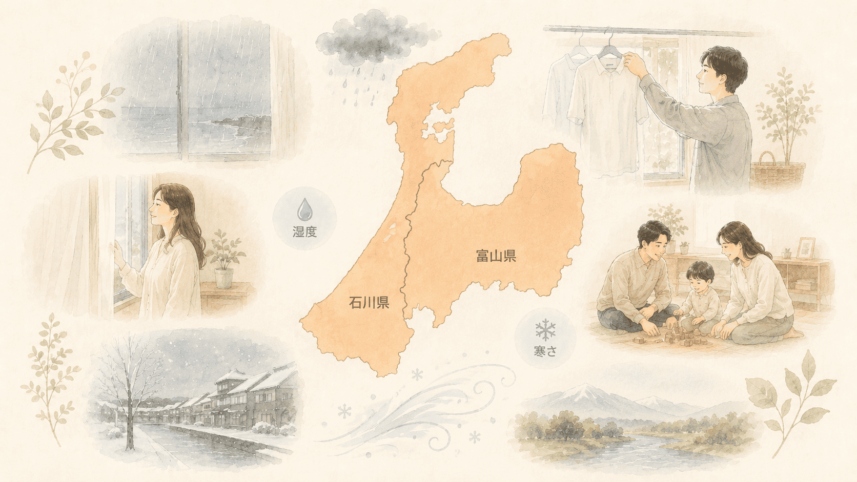 富山県・石川県の地図と、雨・雪・湿気に寄り添う暮らしを表すイラスト