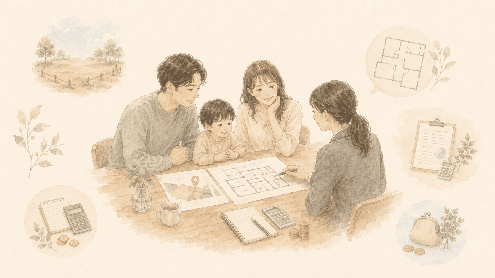 土地探し・資金計画・間取り相談を家族と一緒に進める様子を表すイラスト