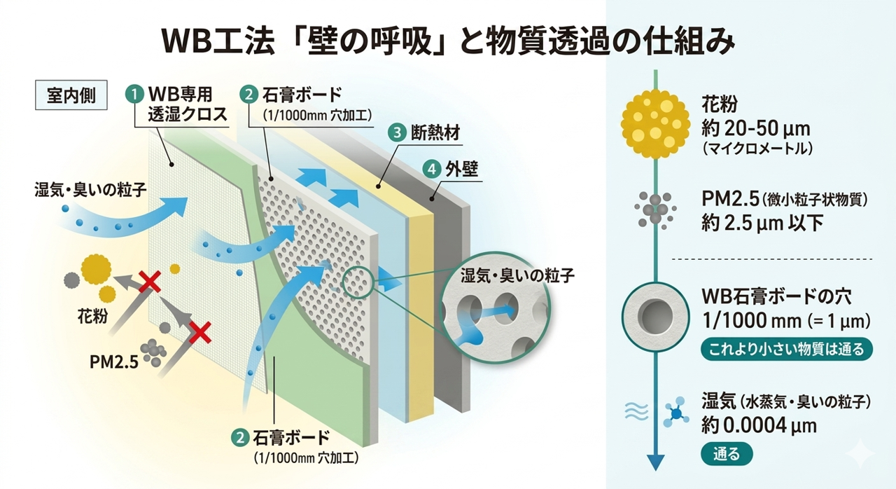 WB工法の壁の呼吸と、湿気・花粉・PM2.5の粒子サイズを比較した仕組み図